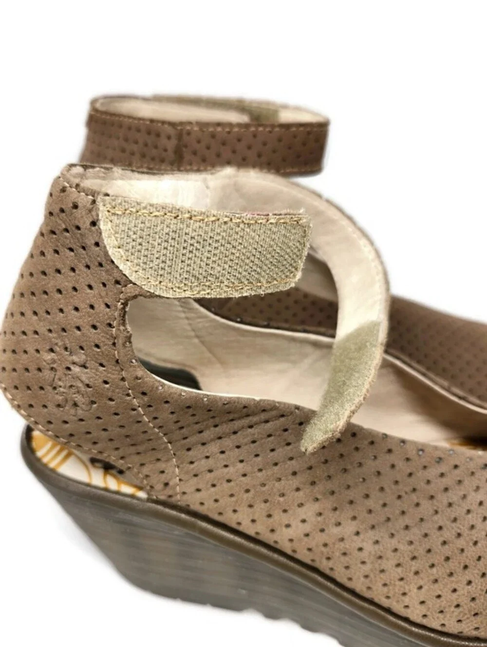 Fly London Yala Taupe Perforated Leather Ankle Strap Peep-Toe Wedge Heel Sandals